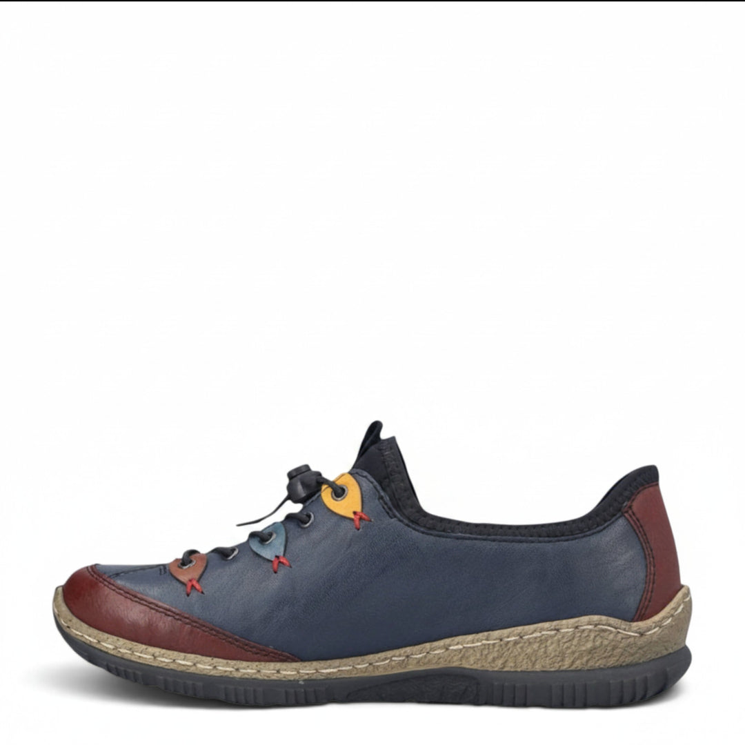 ada-shoes.ro Rieker casual leather shoes in navy blue and burgundy with decorative multi-colored lace accents