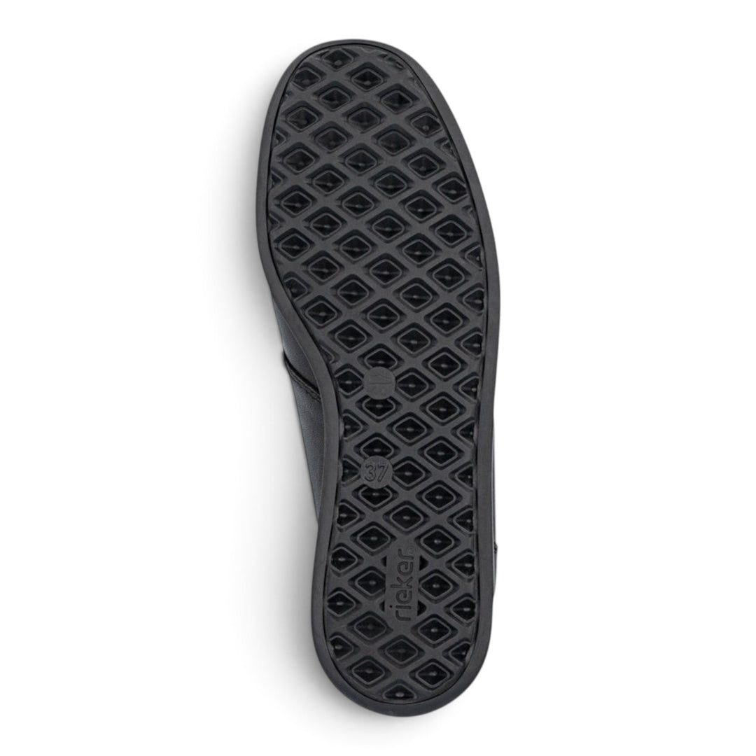 Black rubber sole of a Rieker casual shoe from ada-shoes.ro featuring a diamond-patterned tread for grip.