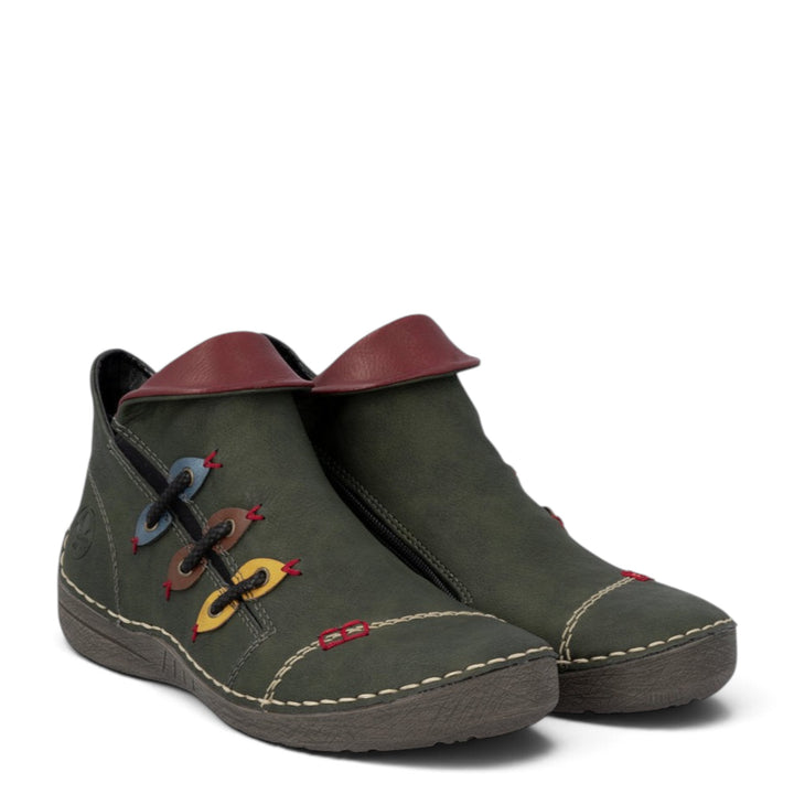 ada-shoes.ro Rieker green faux leather ankle boots with felt lining, round toe, side zipper, and decorative details.