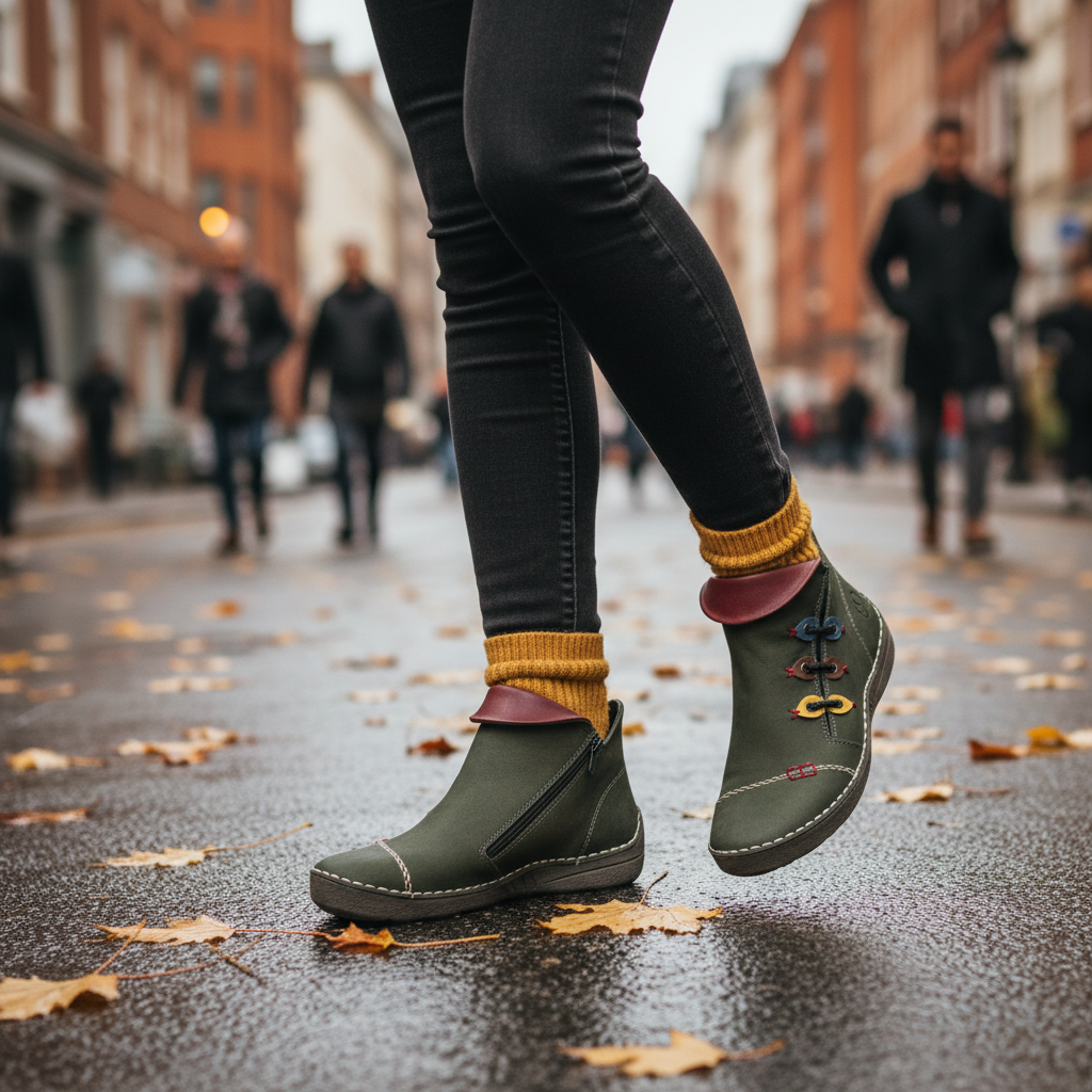 ada-shoes.ro Rieker green faux leather ankle boots with felt lining and side zipper worn on a city street