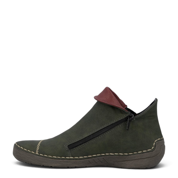 ada-shoes.ro Rieker green faux leather ankle boots with side zipper, felt lining, and round toe for casual winter wear.