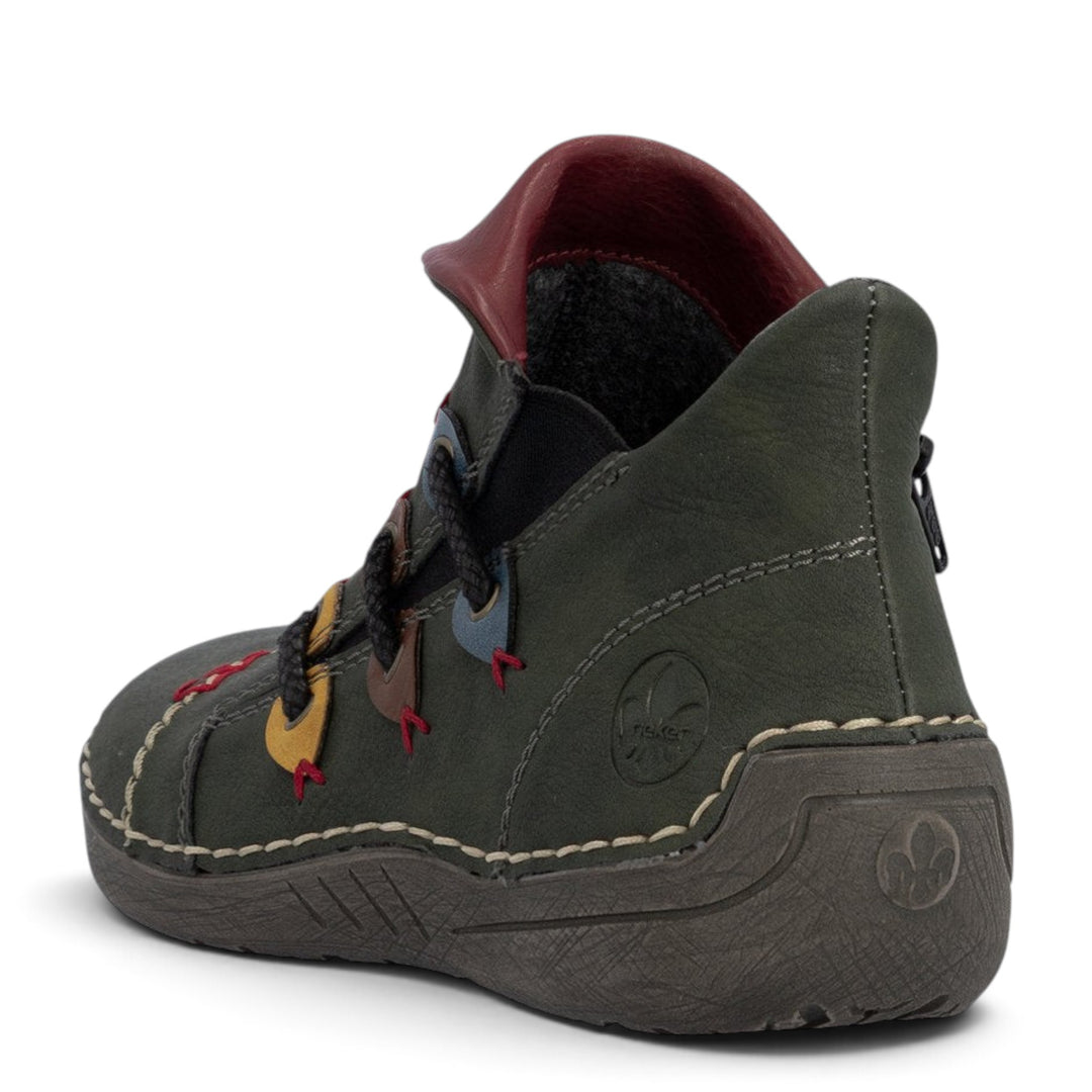 ada-shoes.ro Rieker green ankle boots with felt lining, side zipper, and decorative stitching, rear view