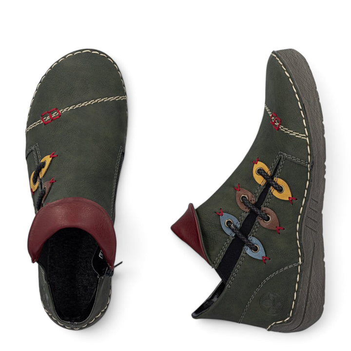 ada-shoes.ro Rieker green faux leather ankle boots with decorative colorful eyelets and felt lining