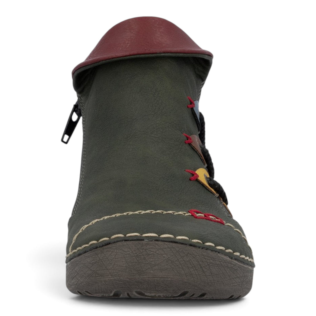 ada-shoes.ro Rieker green faux leather ankle boots with round toe, felt lining, side zipper, and decorative stitching