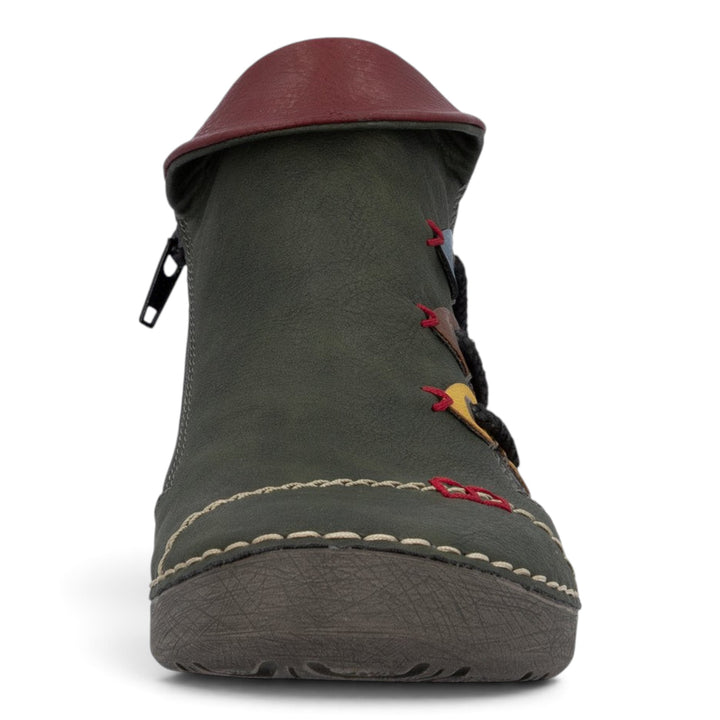 ada-shoes.ro Rieker green faux leather ankle boots with round toe, felt lining, side zipper, and decorative stitching