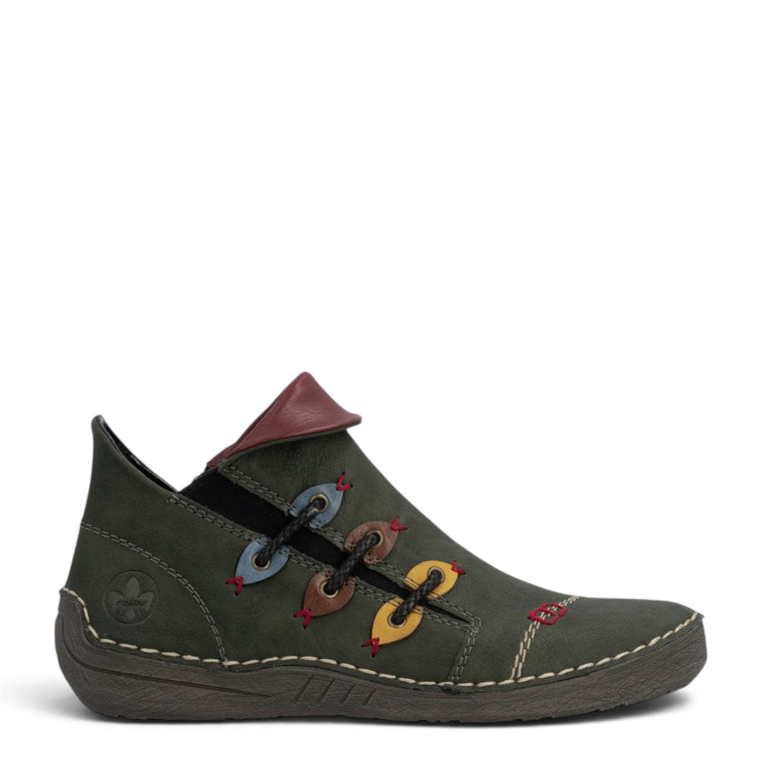 ada-shoes.ro Rieker green faux leather ankle boots with decorative colorful eyelets and felt lining for winter.