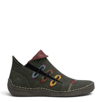 ada-shoes.ro Rieker green faux leather ankle boots with decorative colorful eyelets and felt lining for winter.