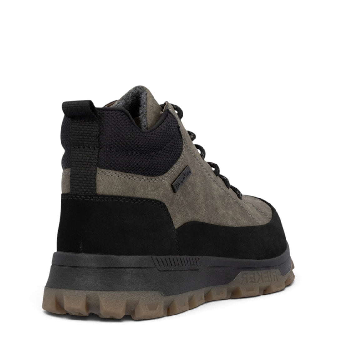 ada-shoes.ro RIEKER grey outdoor boots with black suede trim, synthetic lining, and durable lug sole, rear view