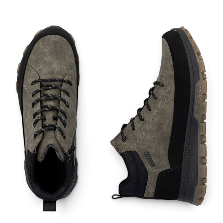 ada-shoes.ro RIEKER grey faux leather outdoor boots with synthetic lining, side zipper, and laces for men.