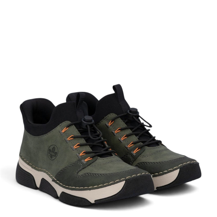 ada-shoes.ro RIEKER khaki green casual sneakers with black details, orange accents, and elastic toggle lacing system