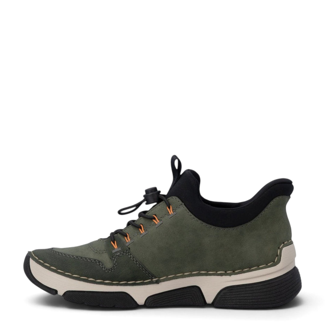 ada-shoes.ro RIEKER khaki green casual sneakers with black details, orange accents, and elastic toggle closure