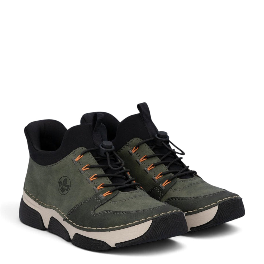ada-shoes.ro RIEKER khaki green casual sneakers with black details, orange accents, and elastic toggle lacing system