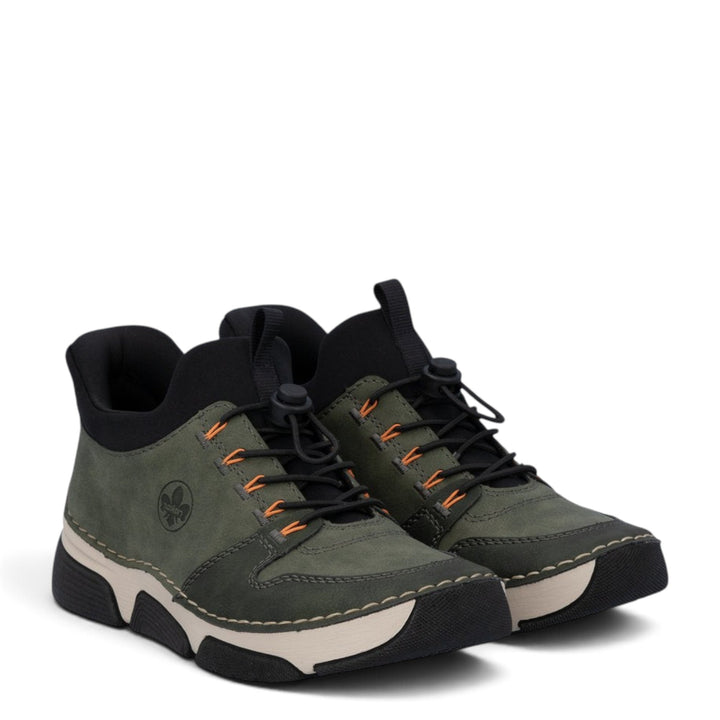 ada-shoes.ro RIEKER khaki green casual sneakers with black details, orange accents, and elastic toggle lacing system