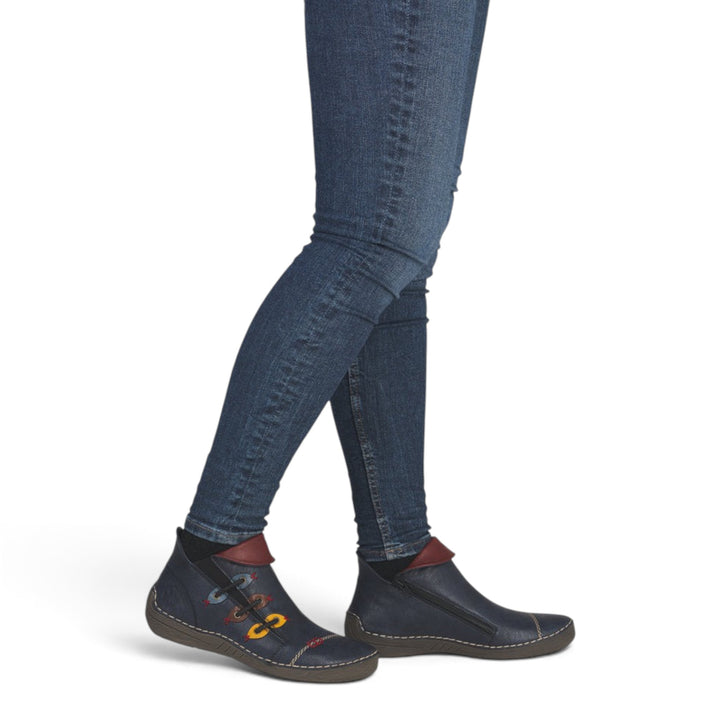 ada-shoes.ro Rieker navy blue ankle boots with side zipper, felt lining, and decorative embroidery on synthetic leather