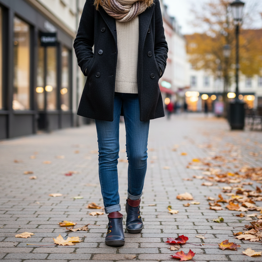 ada-shoes.ro Rieker navy blue ankle boots with felt lining and zipper, worn by a woman on an autumn street.