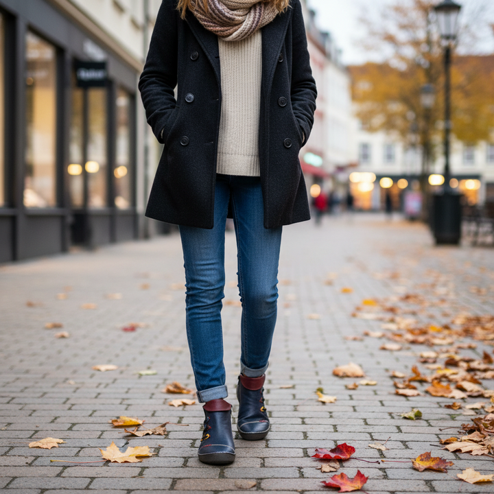ada-shoes.ro Rieker navy blue ankle boots with felt lining and zipper, worn by a woman on an autumn street.