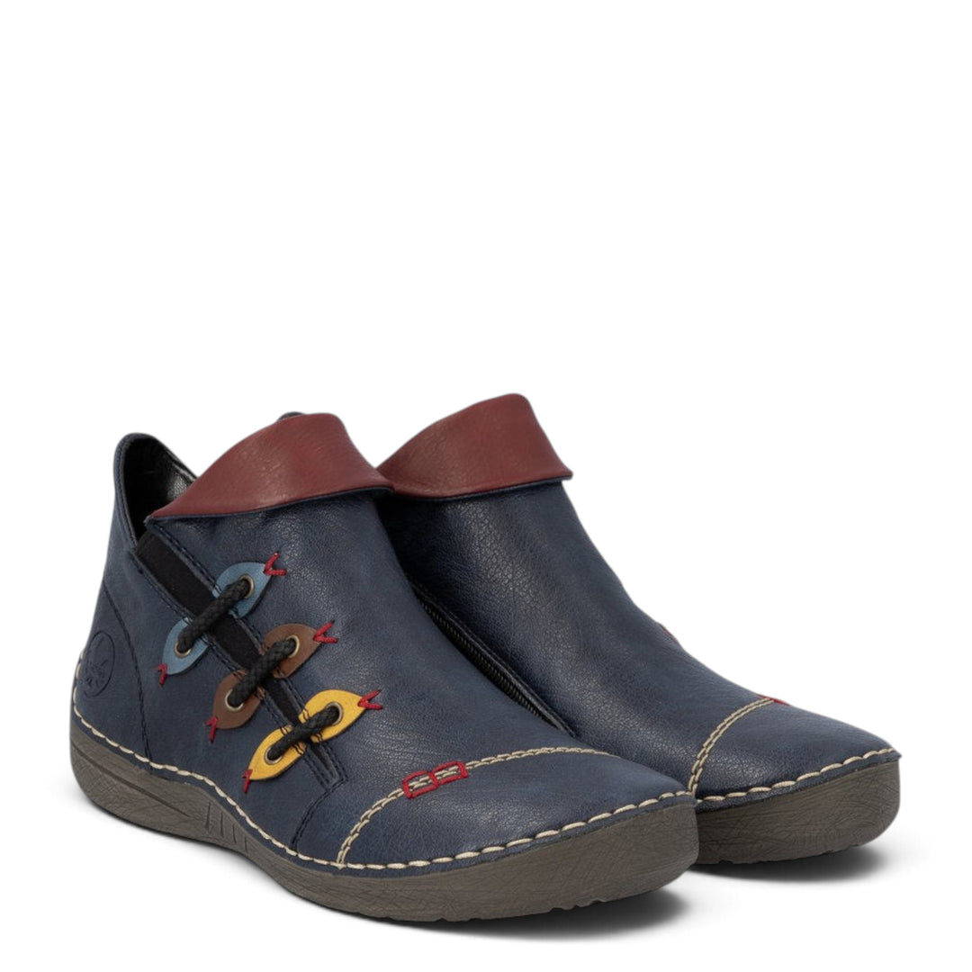 ada-shoes.ro Rieker navy blue faux leather ankle boots with felt lining, round toe, and decorative multi-color details.