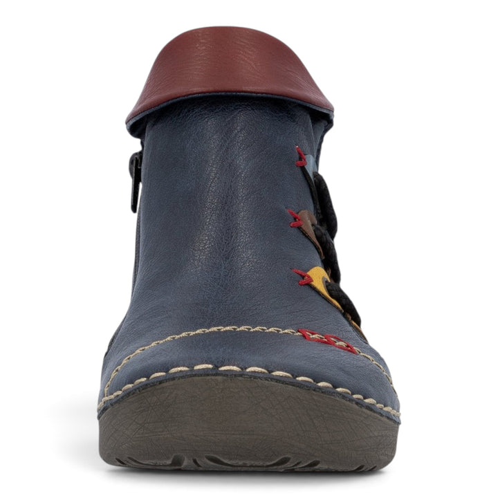 ada-shoes.ro navy blue Rieker ankle boots with round toe, decorative stitching, and brown leather collar detail.