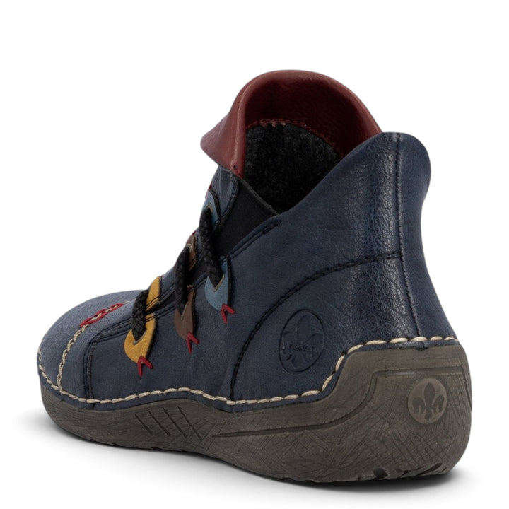 ada-shoes.ro Rieker navy blue ankle boots with felt lining, zipper closure, and decorative stitching details.
