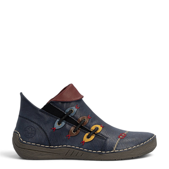 ada-shoes.ro Rieker navy blue faux leather ankle boots with decorative colorful lace details and a round toe