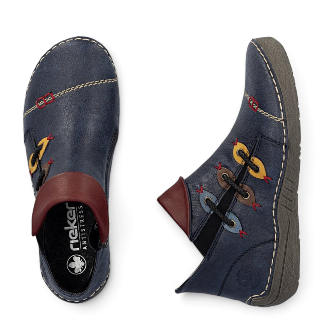 ada-shoes.ro Rieker navy blue faux leather ankle boots with felt lining, round toe, and decorative stitching details.