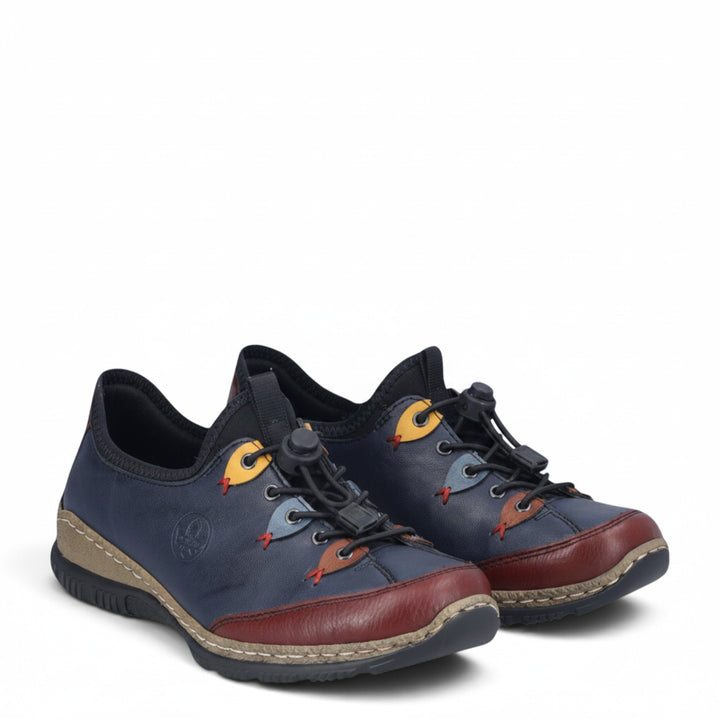 ada-shoes.ro Rieker casual shoes in navy blue and burgundy leather with elastic speed lacing and contrast stitching