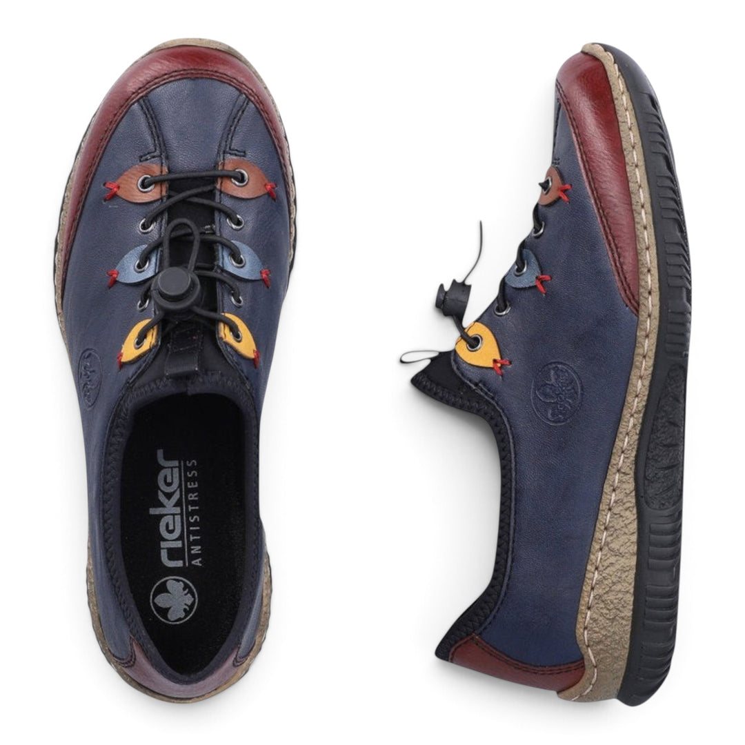 ada-shoes.ro Rieker casual shoes in navy blue leather with red and yellow accents and a convenient toggle lace system
