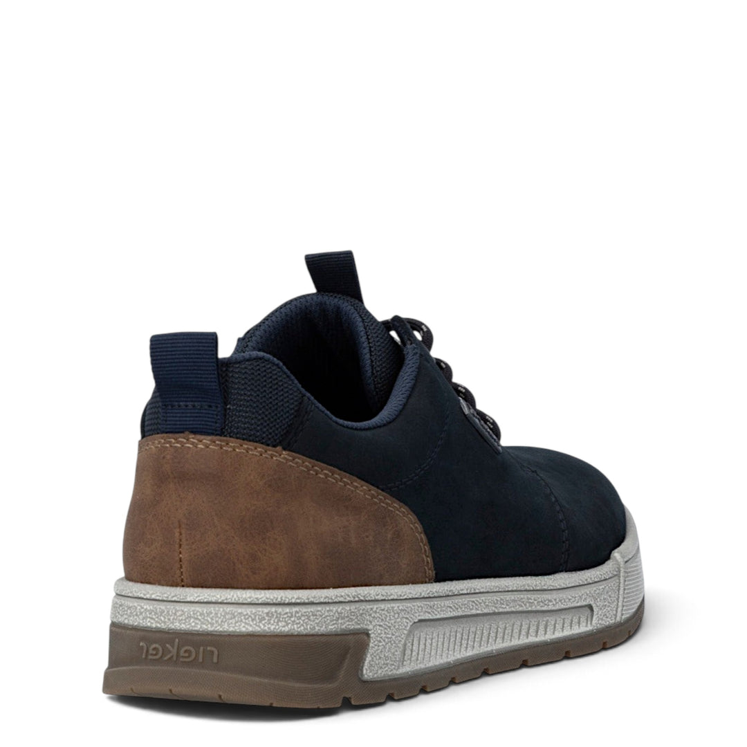 ada-shoes.ro Rieker navy nubuck casual shoes with brown heel detail and textured grey sole, back view.