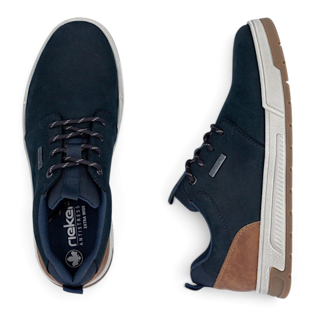 ada-shoes.ro Rieker navy blue nubuck leather casual sneakers with brown heel detail and white cushioned sole