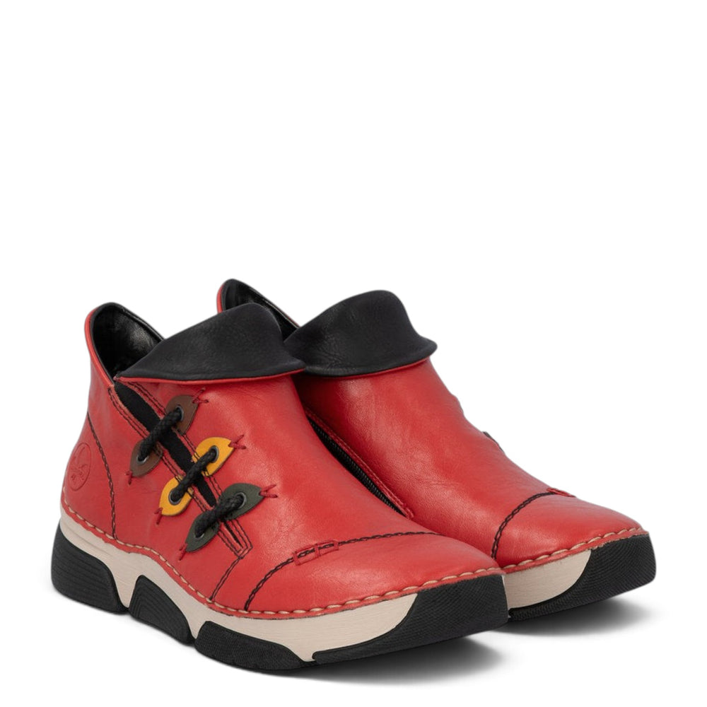 ada-shoes.ro Rieker red faux leather ankle boots with round toe, side zipper, and felt lining for winter comfort.