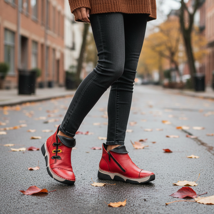 ada-shoes.ro Rieker red faux leather ankle boots with felt lining, side zipper, and comfortable sole on city street