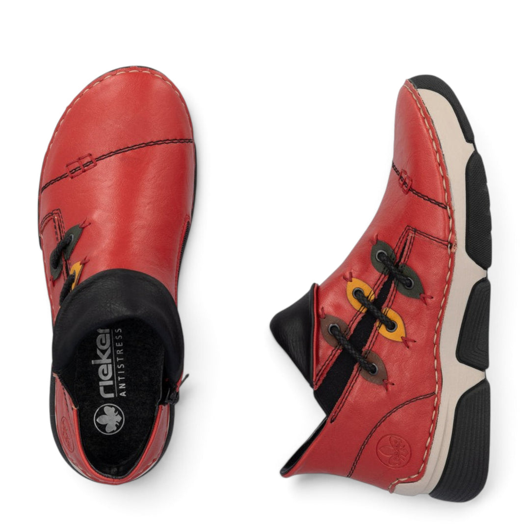 ada-shoes.ro Rieker red faux leather ankle boots with felt lining, side zipper, and comfortable round toe design.
