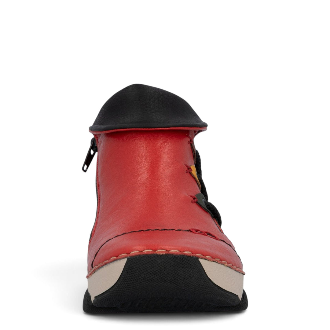 ada-shoes.ro Rieker red faux leather ankle boots with round toe, side zipper, and felt lining for winter comfort