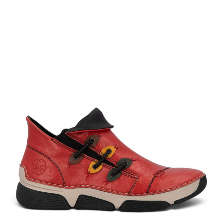 ada-shoes.ro Rieker red faux leather ankle boots with round toe, zipper, and felt lining for winter comfort.