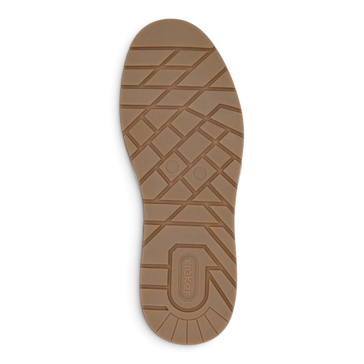 Brown rubber outsole of a Rieker casual shoe from ada-shoes.ro, showing the textured tread pattern and brand logo.