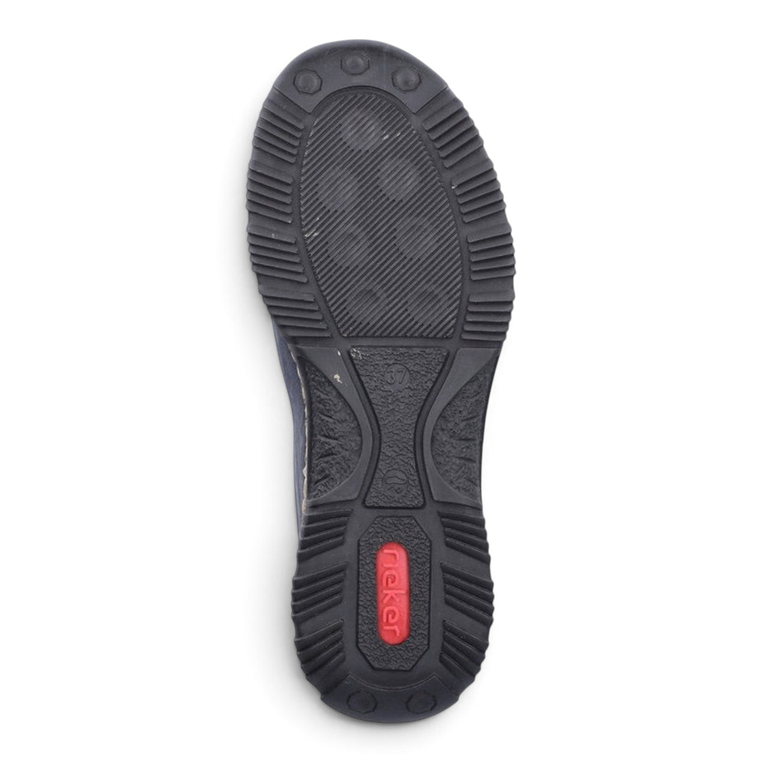 Black rubber outsole of a Rieker casual shoe from ada-shoes.ro featuring a textured tread and red logo detail