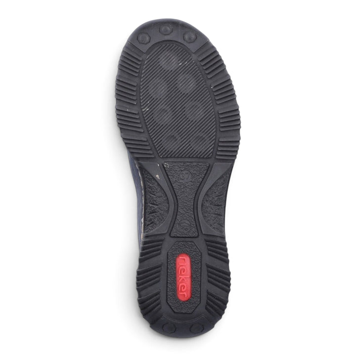 Black rubber outsole of a Rieker casual shoe from ada-shoes.ro featuring a textured tread and red logo detail