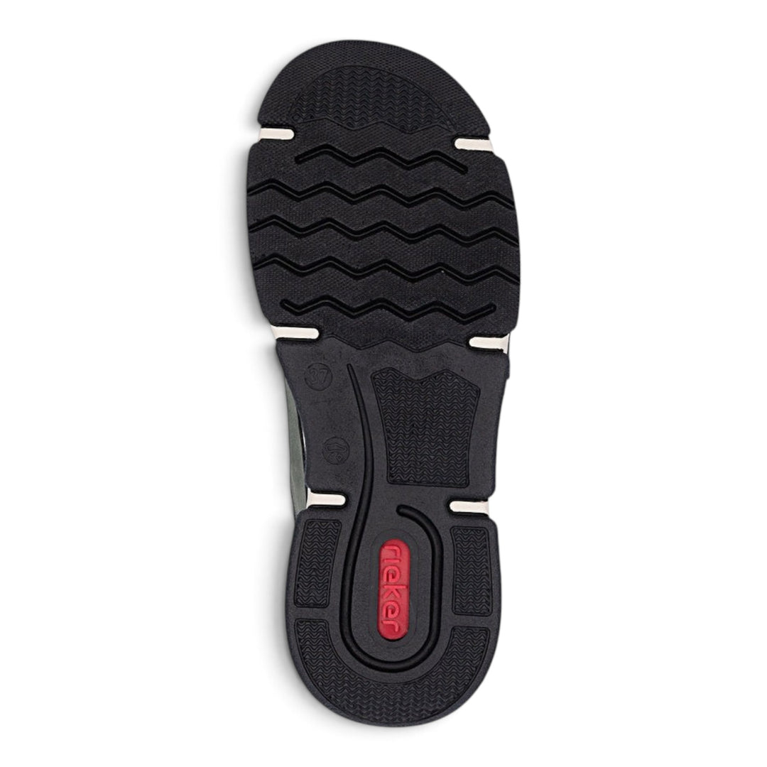 ada-shoes.ro Rieker casual sneaker black rubber outsole with wavy tread pattern and red logo detail