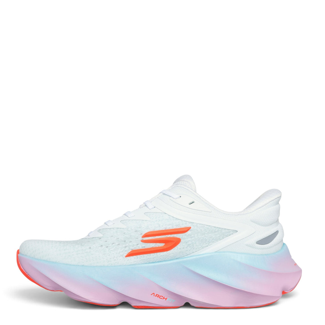 ada-shoes.ro Skechers SKX Aero Burst-Si white trainers with orange logo and gradient pink and blue chunky sole