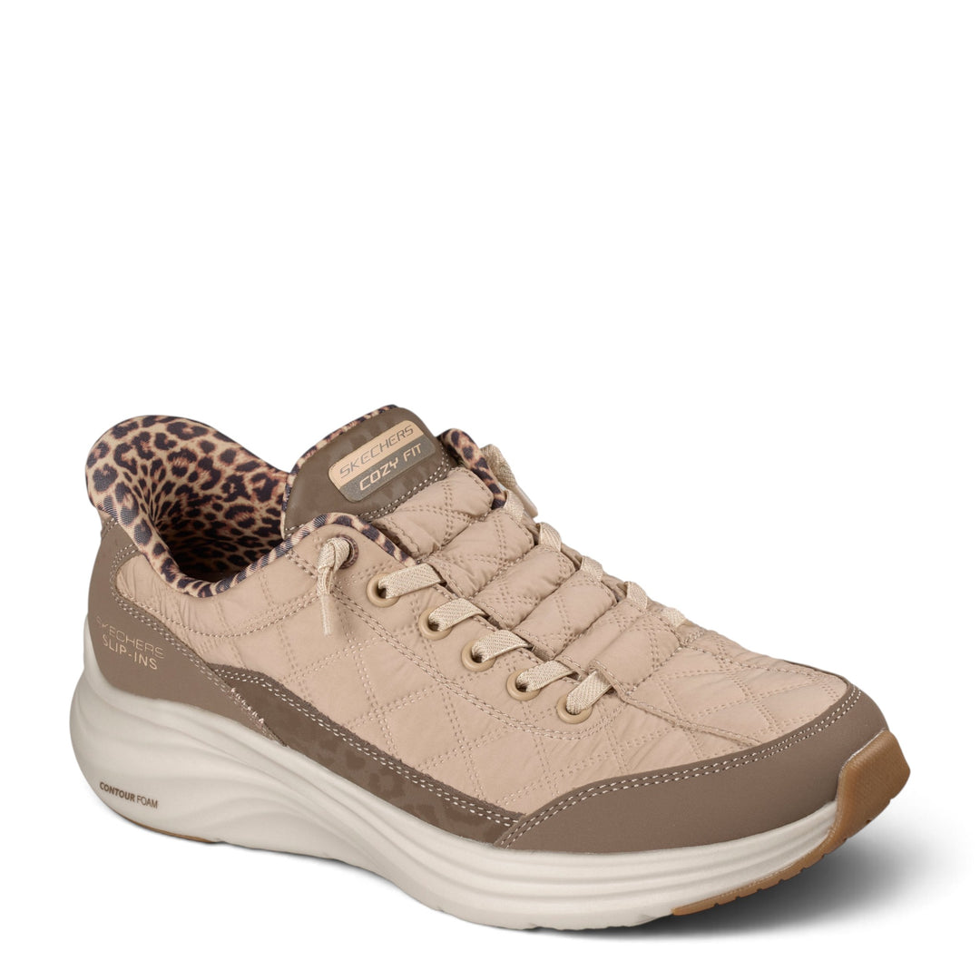ada-shoes.ro Skechers Contour Foam slip-in sneakers in beige quilted material with leopard print collar detail