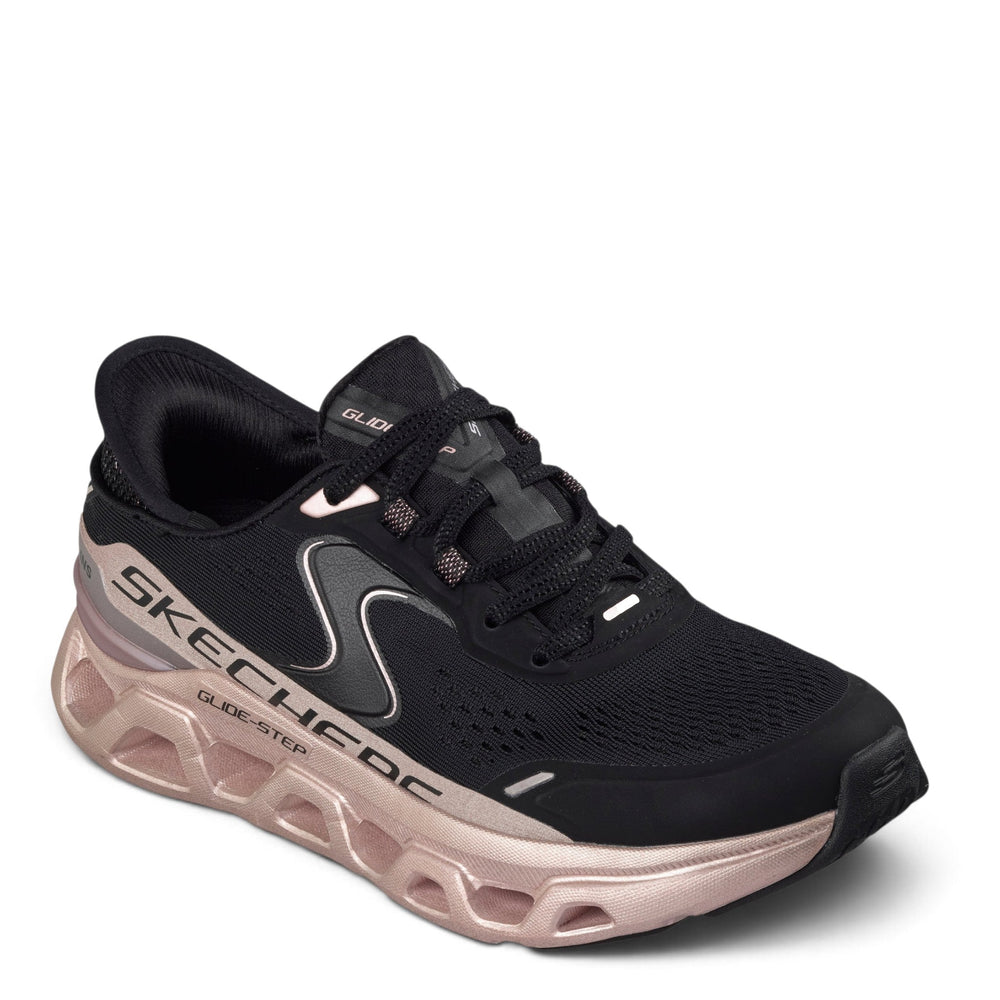 ada-shoes.ro Skechers Glide-Step Altus-Starlight Shine black trainers with rose gold cushioned midsole and slip-in design