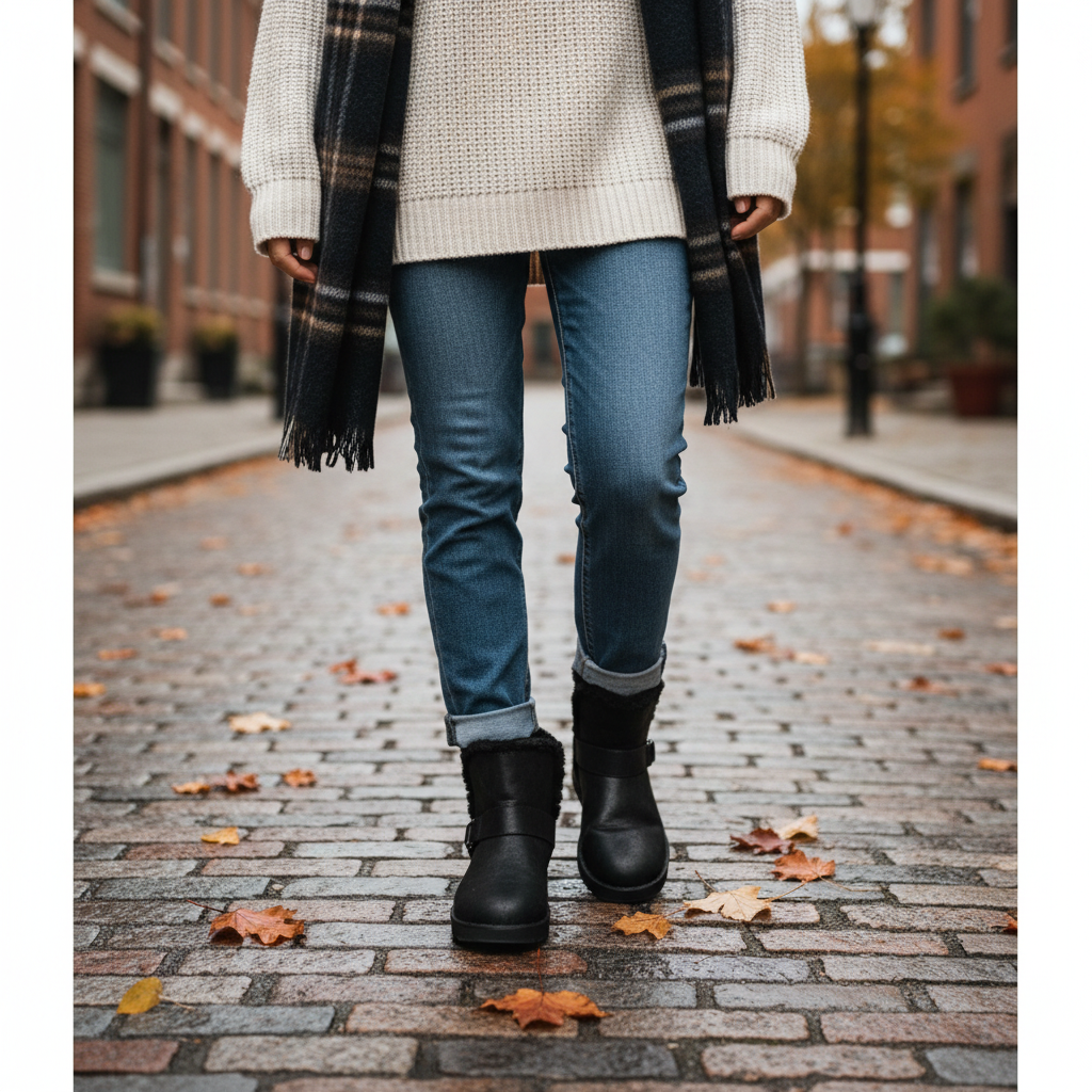 ada-shoes.ro Skechers Keepsakes Cabin Feels black faux leather winter boots with faux fur lining on a cobblestone street