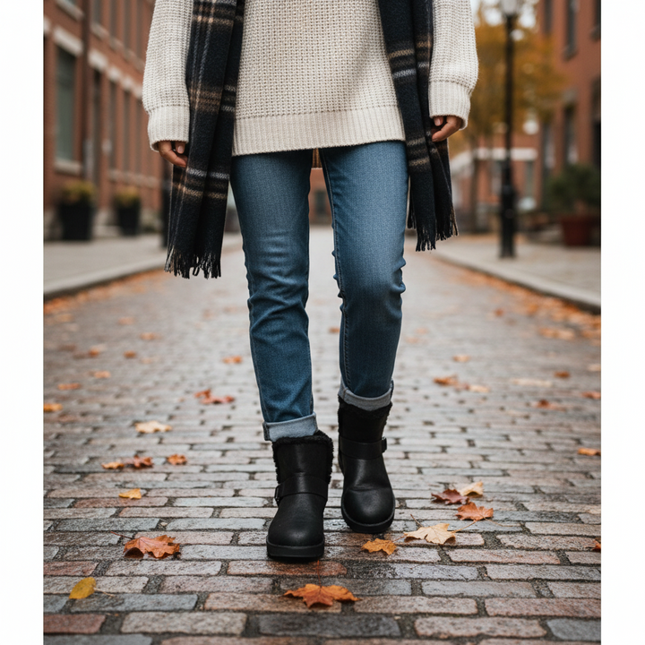 ada-shoes.ro Skechers Keepsakes Cabin Feels black faux leather winter boots with faux fur lining on a cobblestone street