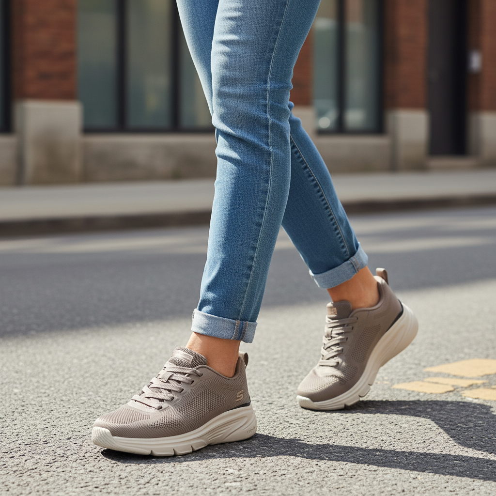 ada-shoes.ro Skechers Bobs Arch Fit Elev8 sneakers in grey-beige knit fabric with white flexible soles on a city street
