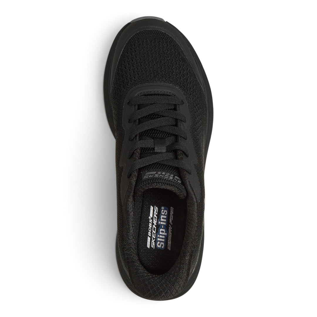 Top view of all-black Skechers Bobs Skillz Airy Str vegan sneakers with memory foam insoles from ada-shoes.ro