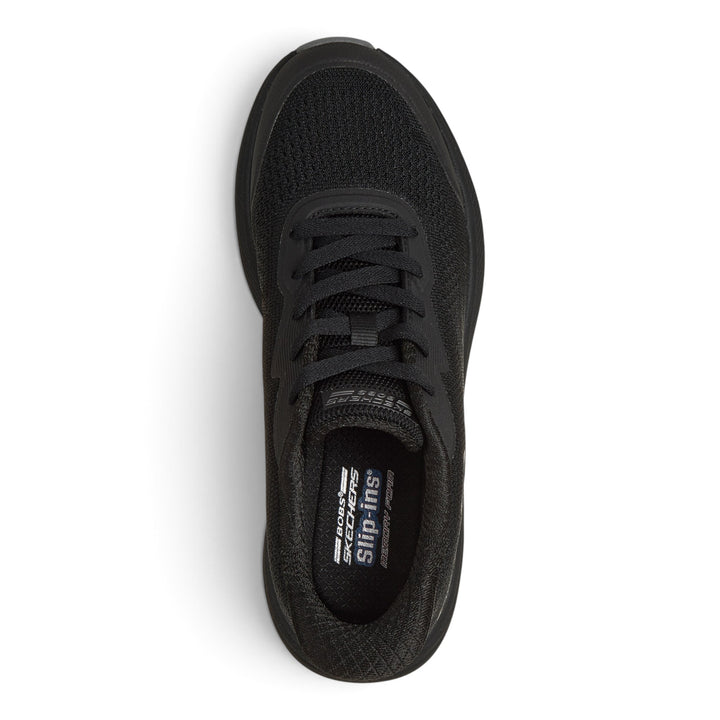 Top view of all-black Skechers Bobs Skillz Airy Str vegan sneakers with memory foam insoles from ada-shoes.ro