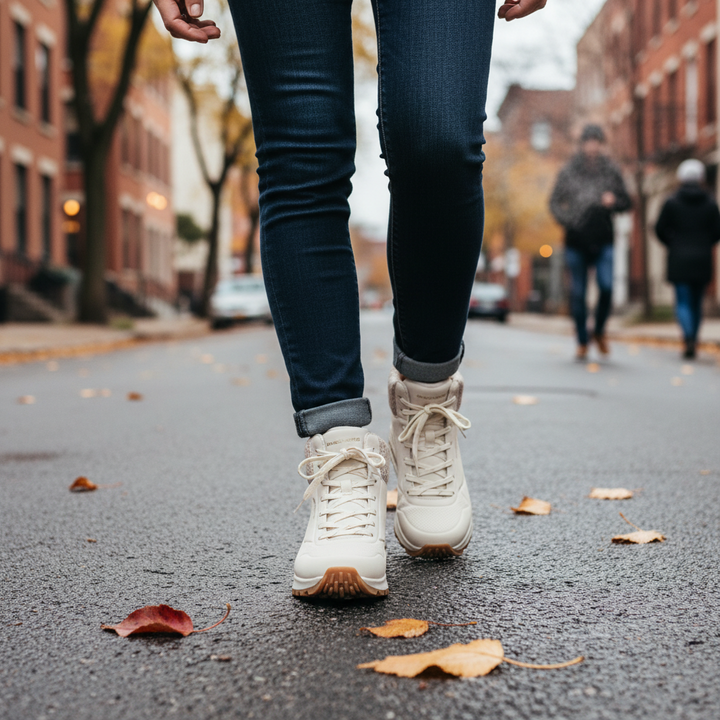 ada-shoes.ro SKECHERS Uno Rugged cream faux leather sneakers with lace-up closure worn on an autumn city street