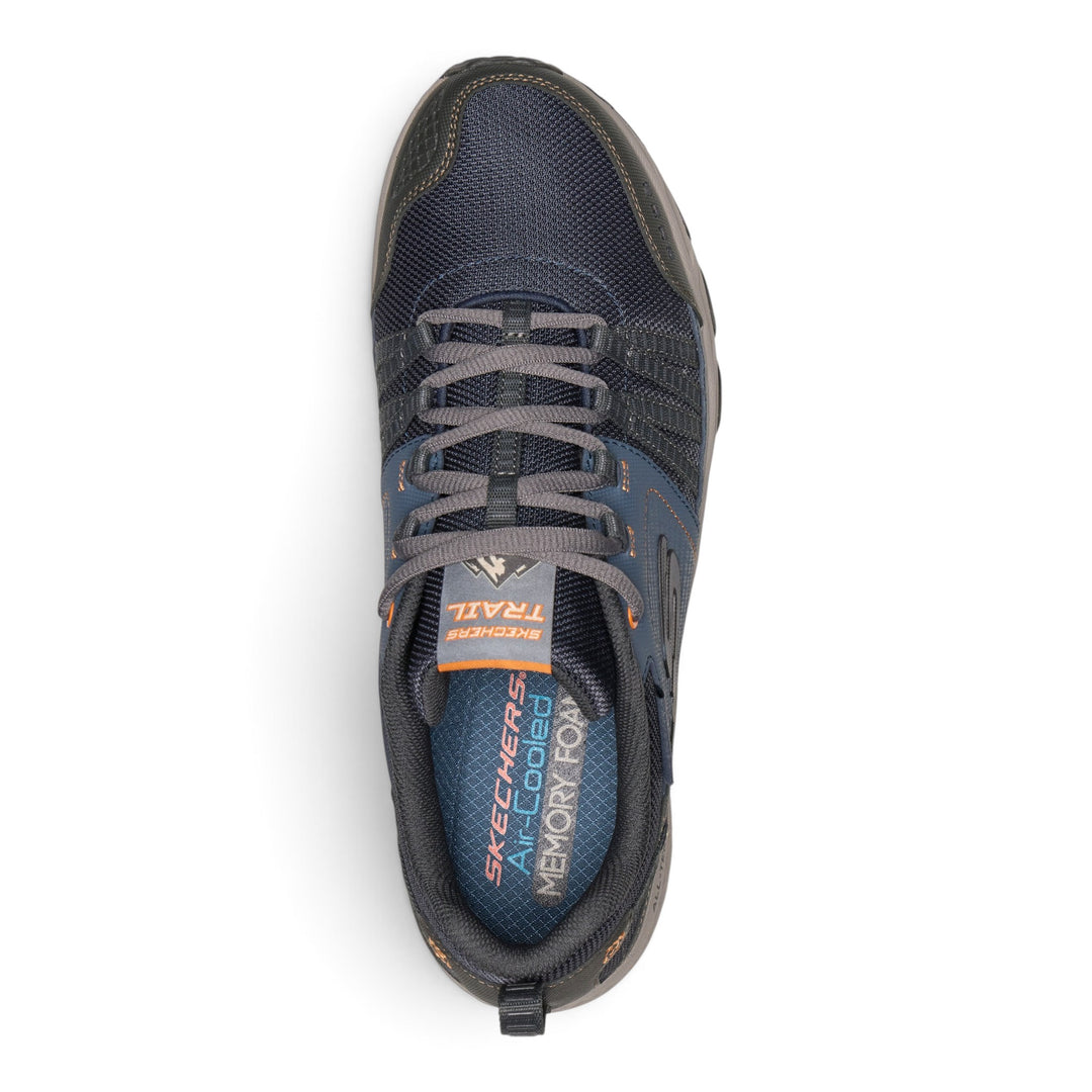 ada-shoes.ro Skechers Escape Plan navy trail running shoes with orange accents and memory foam insoles, top view.