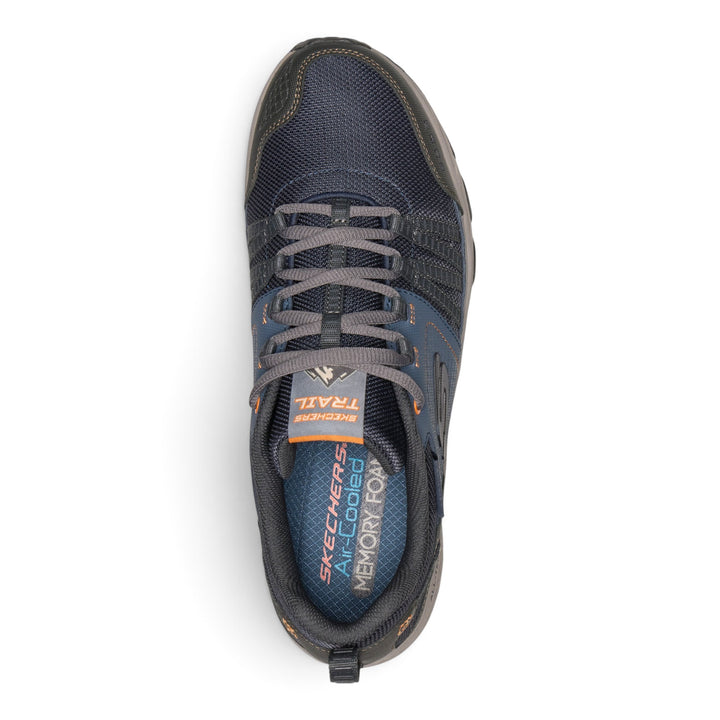 ada-shoes.ro Skechers Escape Plan navy trail running shoes with orange accents and memory foam insoles, top view.