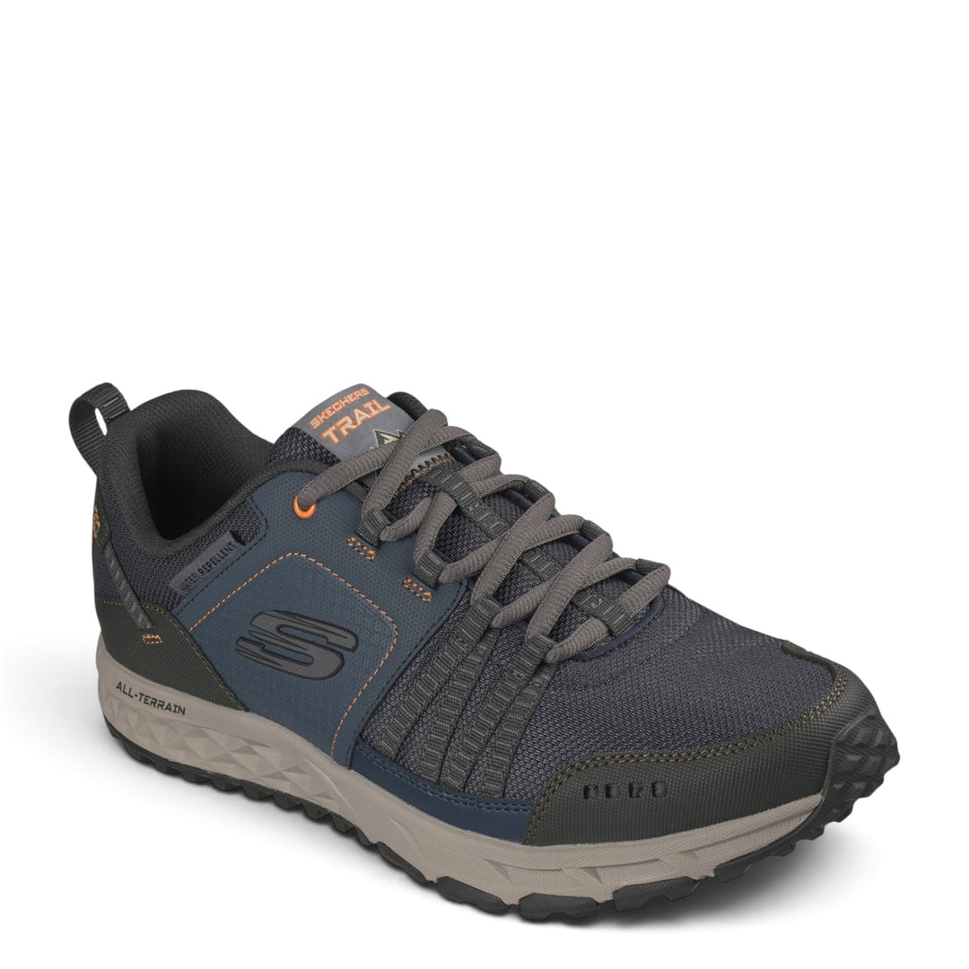 ada-shoes.ro Skechers Escape Plan trail running shoes in navy and grey with orange accents and all-terrain sole